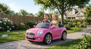 Two toddlers smiling and driving a pink two-seater convertible ride-on car in a backyard.