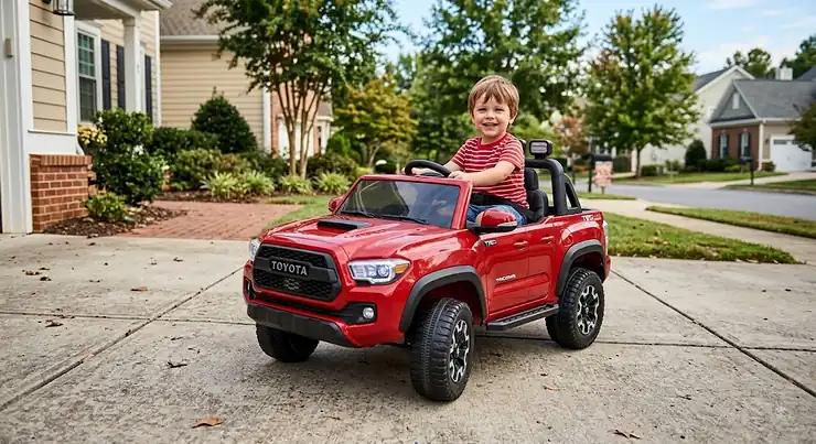 Little boy smiling while sitting in a miniature red Toyota Tacoma ride-on truck on a suburban driveway toyota tacoma ride on car for kids