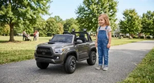 Four-year-old child standing beside a fully assembled Toyota Tacoma ride-on truck for size scale comparison
