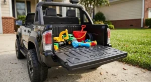 Rear cargo bed and opened tailgate of a black Toyota Tacoma ride-on car loaded with children's toys
