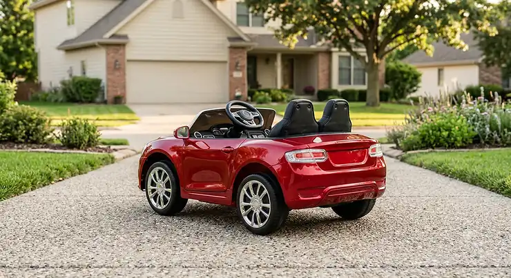 Red 2 seater luxury ride on car for toddlers parked on a suburban driveway