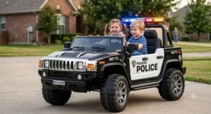 Two kids sitting in a spacious two-seater 24V ride on police car with flashing LED emergency lights.