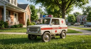 Classic retro-style metal pedal ambulance ride-on toy car parked on a suburban lawn.