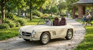 Classic vintage-style two-seater convertible ride-on car displayed in a green city park.