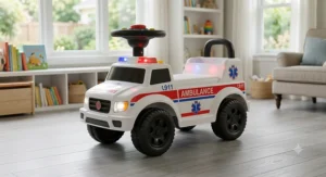 Bright white and red ambulance ride-on toy car with LED lights and medical emergency styling.