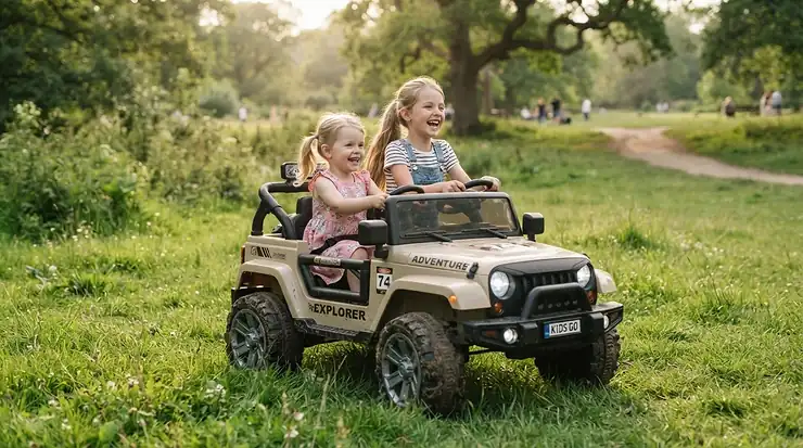 Two smiling kids driving a 24v 2 seater ride on car with rubber tires in a backyard