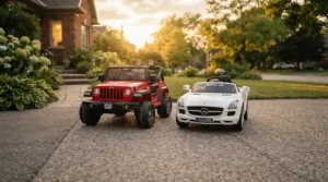 A 36V vs 24V ride-on car for older kids parked on a suburban driveway during sunset.