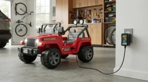 A charging setup next to a 36V vs 24V ride-on car for older kids in a garage.