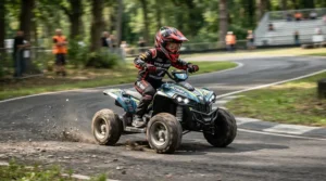 A high-performance 36V vs 24V ride-on car for older kids navigating a smooth asphalt track.
