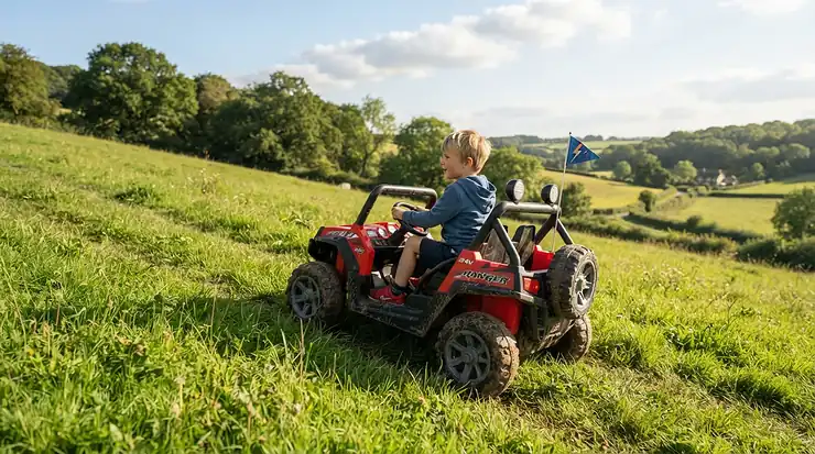 A 36V vs 24V ride-on car for older kids driving up a grassy incline in a backyard.