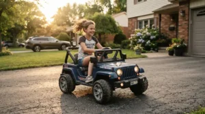 A helmet and safety gear placed beside a 36V vs 24V ride-on car for older kids.
