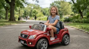 A 36V vs 24V ride-on car for older kids being driven by a ten-year-old in a neighborhood park.