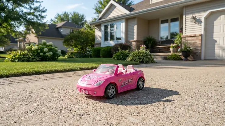 Pink 6V ride-on car for 1 year old parked on a clean suburban driveway during a bright afternoon.