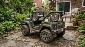 An affordable 24V ride-on car for big kids featuring long battery life parked near a suburban patio.