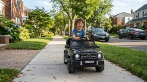 An older kid steering an affordable 24V ride-on car for big kids down a quiet suburban residential street.