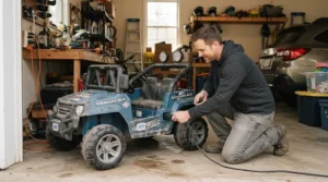 A parent plugging in an affordable 24V ride-on car for big kids after a long afternoon of neighborhood play.