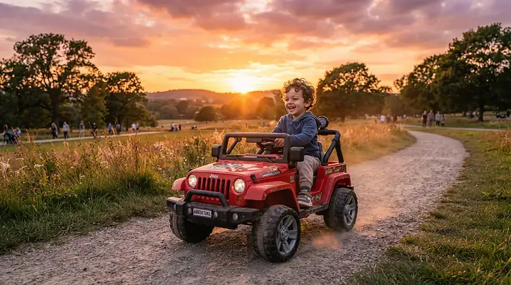 A joyful kid driving an affordable 24V ride-on car for big kids during golden hour in a park.