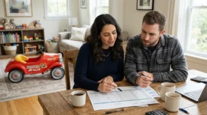 Parents looking at a cost breakdown chart next to an affordable 24V ride-on car for big kids.