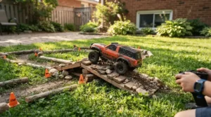 An all-terrain ride-on car for 5 year old maneuvering around cones in a backyard play safety zone.