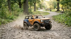 An all-terrain ride-on car for 5 year old kicking up loose stones on a rural gravel path.