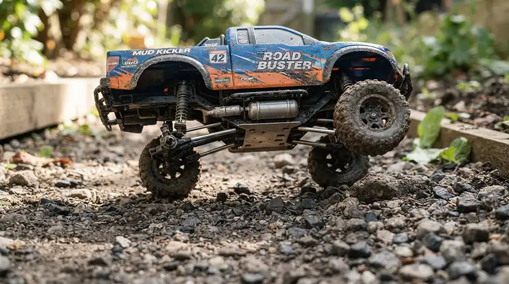 An all-terrain ride-on car for 5 year old showcasing high ground clearance over gravel.
