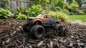 An all-terrain ride-on car for 5 year old driving through a backyard landscape mulch bed.