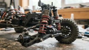 Detail shot of the working suspension on an all-terrain ride-on car for 5 year old.