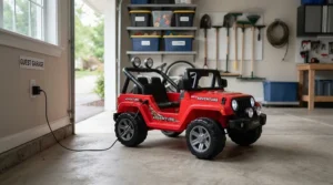 A battery-powered toddler car plugged into a wall charger inside a neat suburban garage.