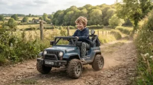 An adventurous child driving a rugged battery-powered toddler car on a park dirt trail.