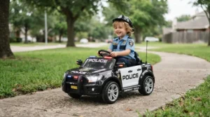 A child having fun riding a police-themed battery-powered toddler car on a neighborhood sidewalk.