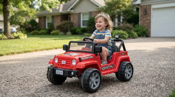 A smiling toddler driving a bright red battery-powered toddler car on a sunny suburban driveway.