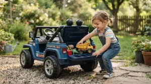 A toddler loading toys into the back storage compartment of a battery-powered toddler car.