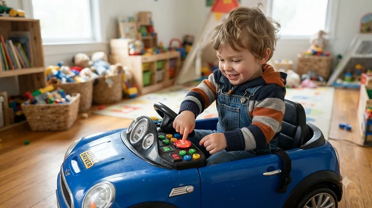 Toddler pressing dashboard buttons inside a blue ride-on car for 3 year old playing music