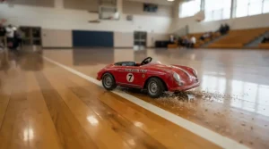 A budget high-speed ride-on car for preteens making a sharp turn on a smooth indoor gymnasium floor.