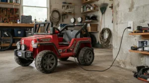 A budget high-speed ride-on car for preteens plugged into a wall charger inside a garage.
