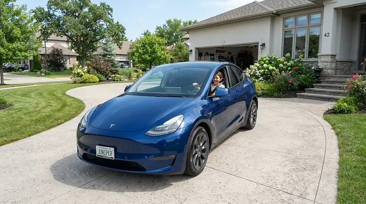 A budget high-speed ride-on car for preteens cruising down a suburban driveway on a sunny afternoon.
