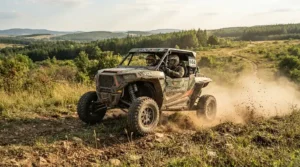 A budget high-speed ride-on car for preteens navigating a bumpy dirt trail in the backyard.