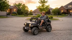 A budget high-speed ride-on car for preteens turning around a quiet suburban cul-de-sac.