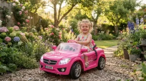 Young girl smiling in a pink ride-on car for 3 year old featuring working headlights
