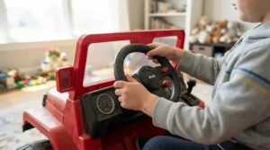 Close-up of a toddler's hands on the steering wheel of an electric battery ride-on car