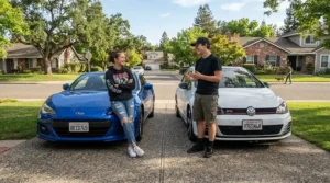 Teenagers testing a go-kart vs mini electric car for teens on a suburban asphalt driveway during golden hour