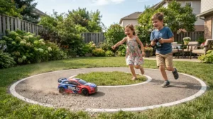 Children racing a high speed ride-on car for kids around a custom track in a spacious backyard.