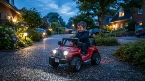 A high speed ride-on car for kids featuring bright LED headlights driving during twilight.