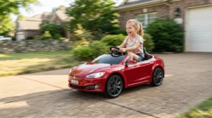 A high speed ride-on car for kids accelerating smoothly down a suburban driveway on a sunny afternoon.