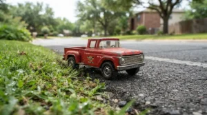 A high speed ride-on car for kids transitioning from green grass to a smooth asphalt road.