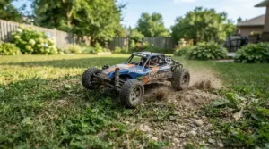 A high speed ride-on car for kids navigating a bumpy backyard lawn with ease.