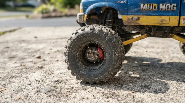 A close-up of a high speed ride-on car for kids highlighting durable rubber tires on a paved path.