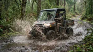 An off-road electric vehicle for teenagers splashing through a muddy puddle on a rainy afternoon.