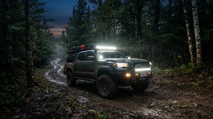 An off-road electric vehicle for teenagers using bright LED headlights on a dark evening trail.