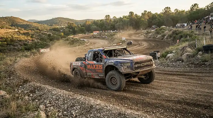 An off-road ride-on car for preteens racing around a dirt track in a large backyard.